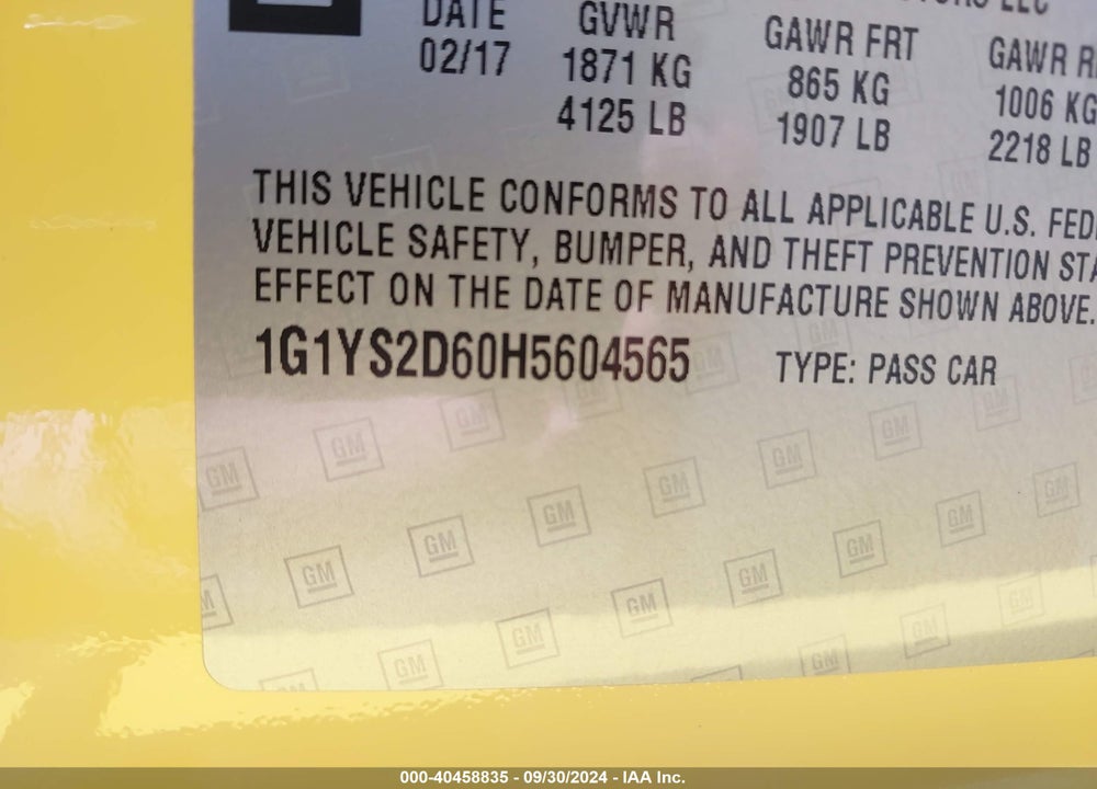 2017 CHEVROLET CORVETTE Z06 VIN: 1G1YS2D60H5604565