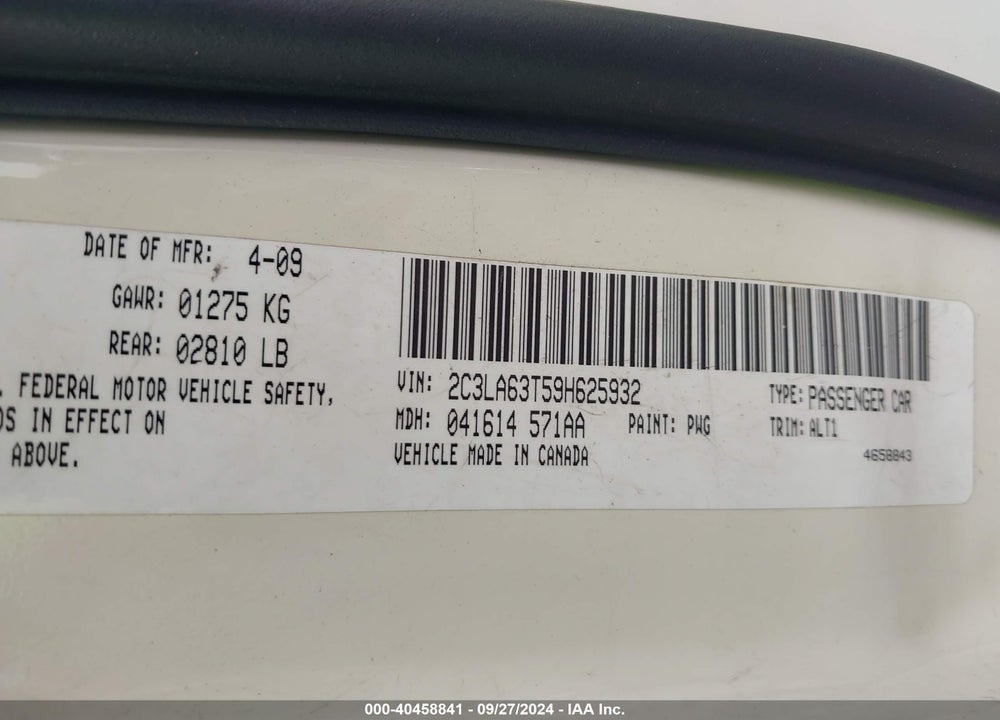 2009 CHRYSLER 300C HEMI VIN: 2C3LA63T59H625932