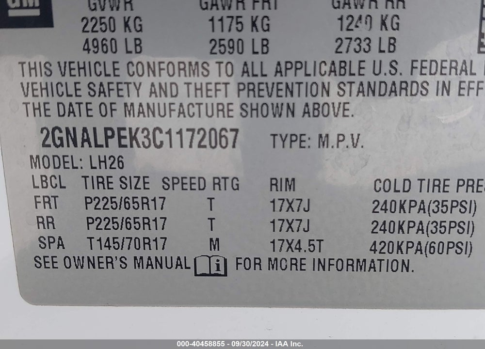 2012 CHEVROLET EQUINOX 2LT VIN: 2GNALPEK3C1172067