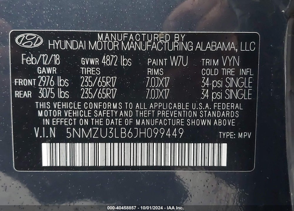 2018 HYUNDAI SANTA FE SPORT 2.4L VIN: 5NMZU3LB6JH099449