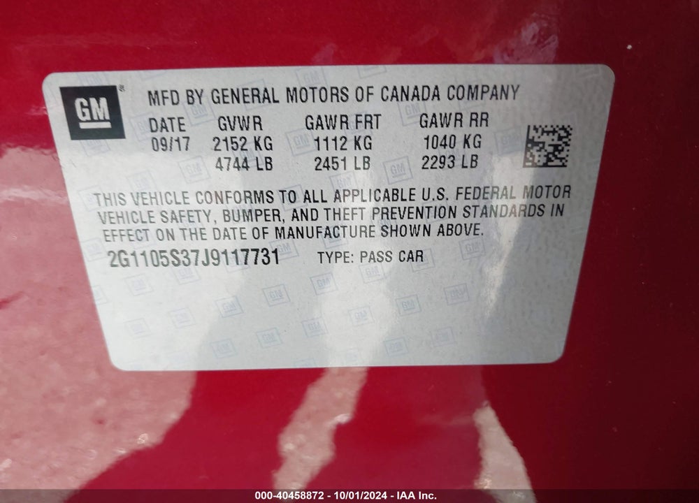 2018 CHEVROLET IMPALA 1LT VIN: 2G1105S37J9117731