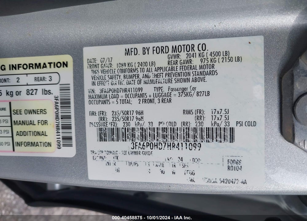 2017 FORD FUSION SE VIN: 3FA6P0HD7HR411099