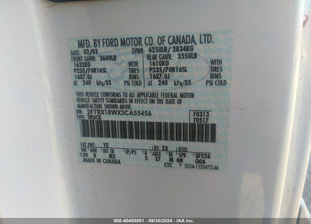 2003 FORD F-150 LARIAT/XL/XLT VIN: 2FTRX18WX3CA55456