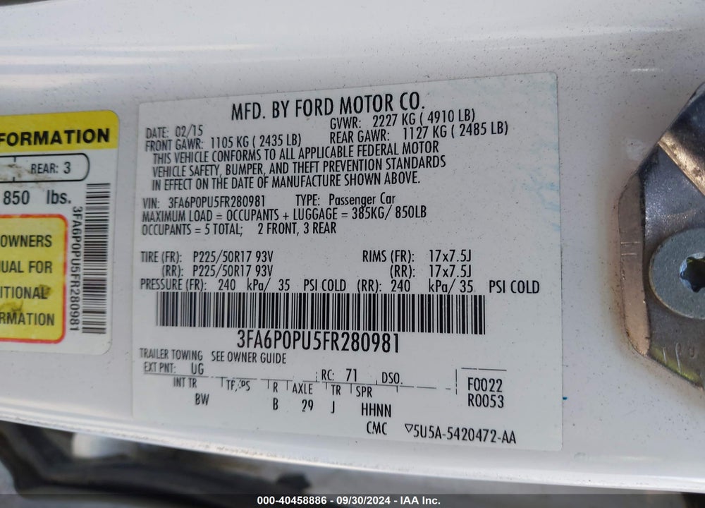 2015 FORD FUSION ENERGI SE LUXURY VIN: 3FA6P0PU5FR280981