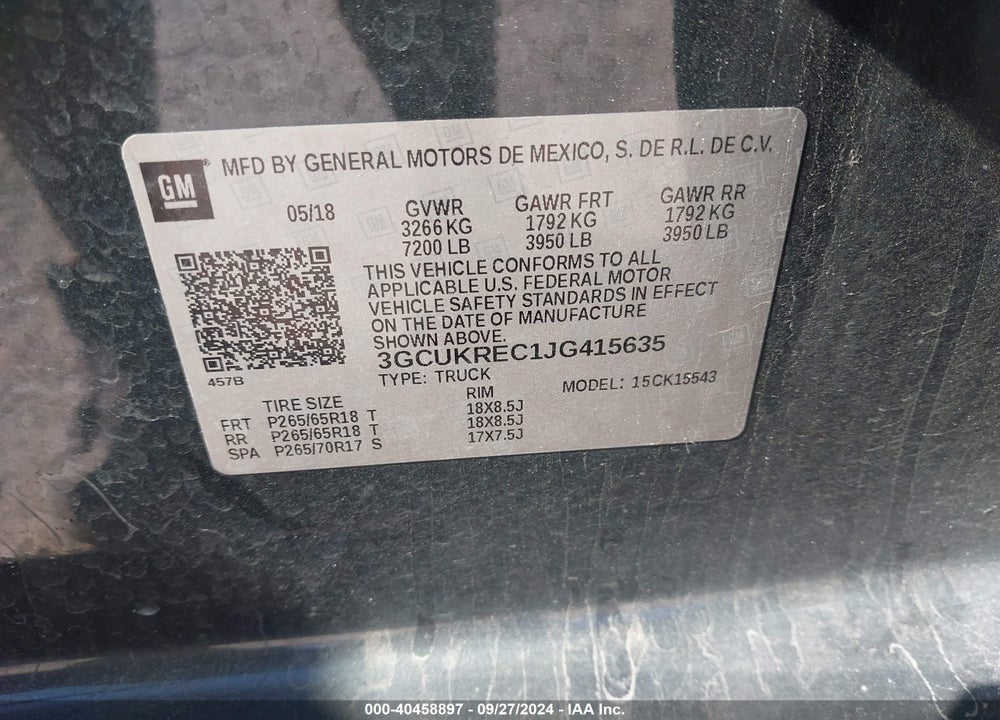 2018 CHEVROLET SILVERADO 1500 2LT VIN: 3GCUKREC1JG415635