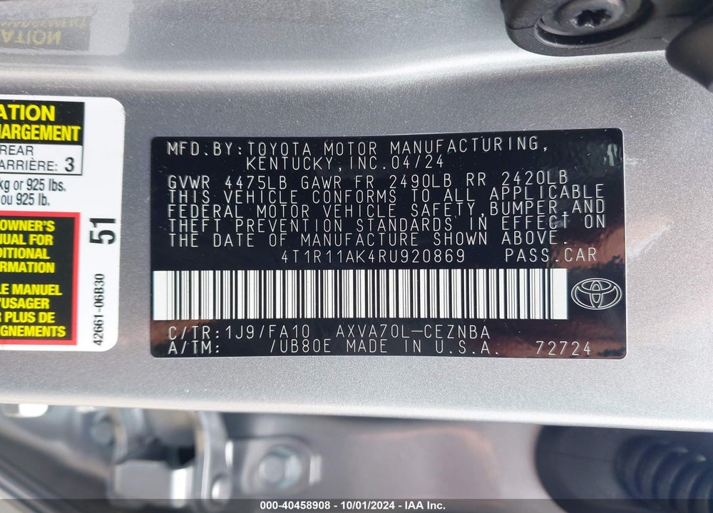 2024 TOYOTA CAMRY LE VIN: 4T1R11AK4RU920869