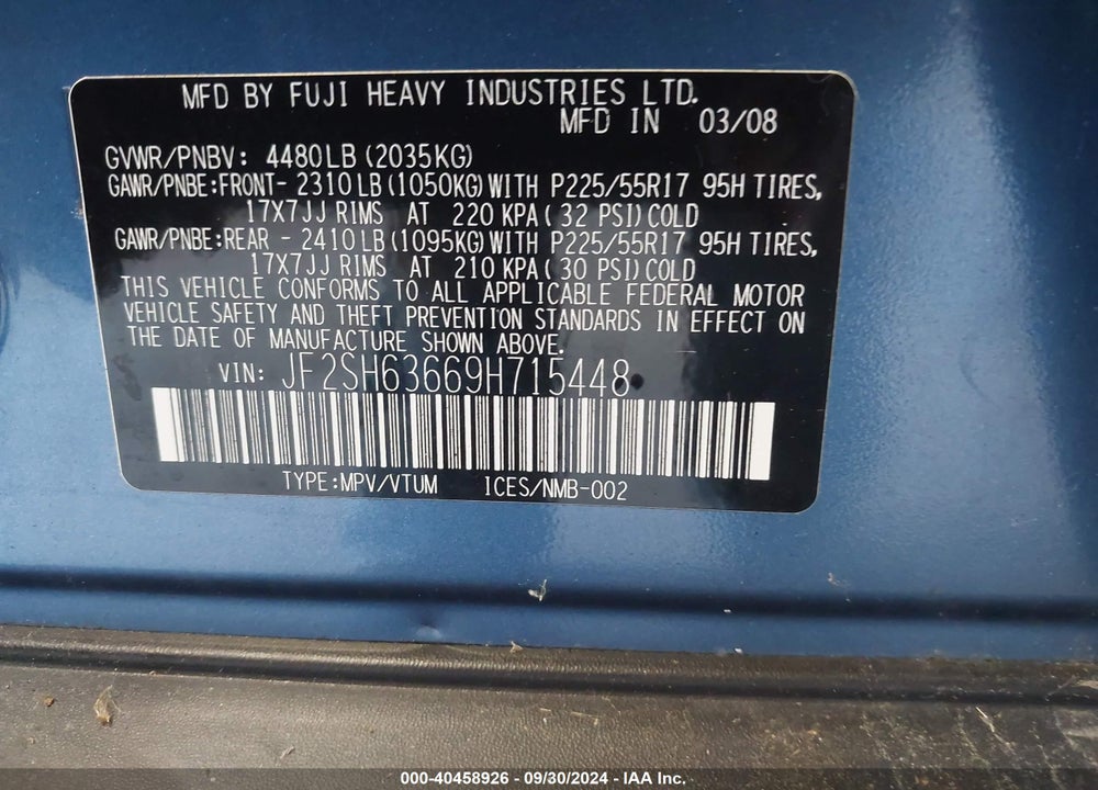 2009 SUBARU FORESTER 2.5X VIN: JF2SH63669H715448