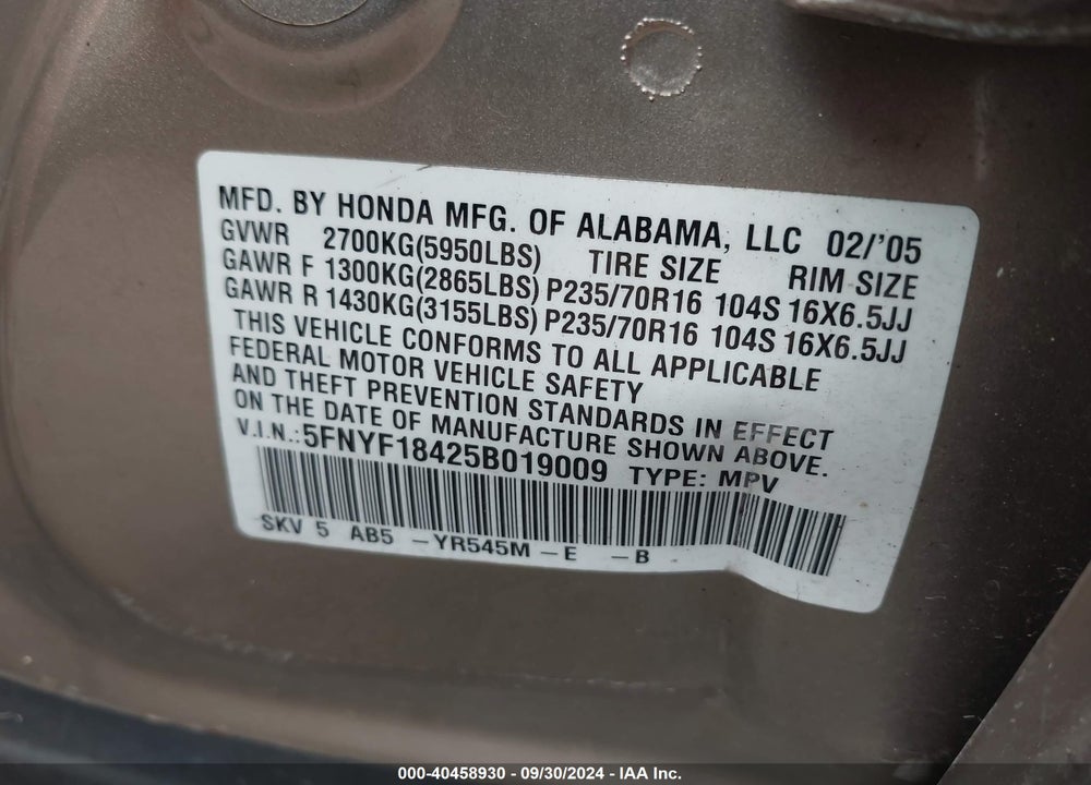 2005 HONDA PILOT EX VIN: 5FNYF18425B019009