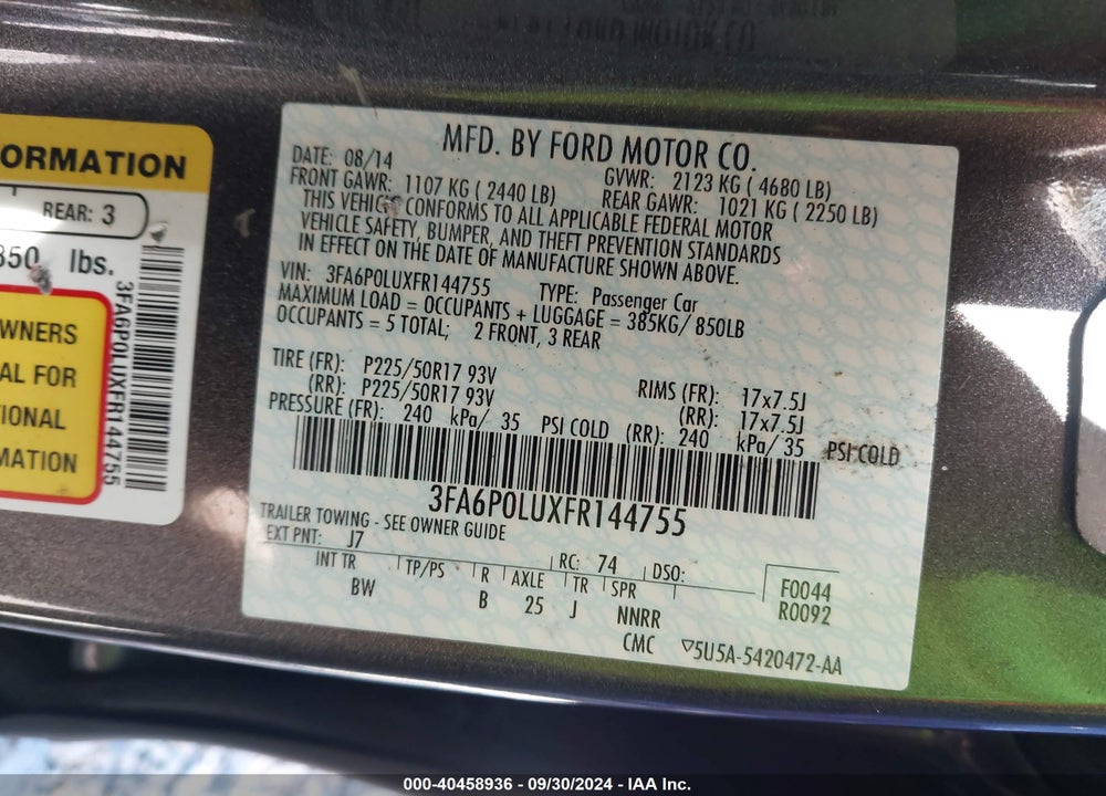 2015 FORD FUSION HYBRID SE VIN: 3FA6P0LUXFR144755