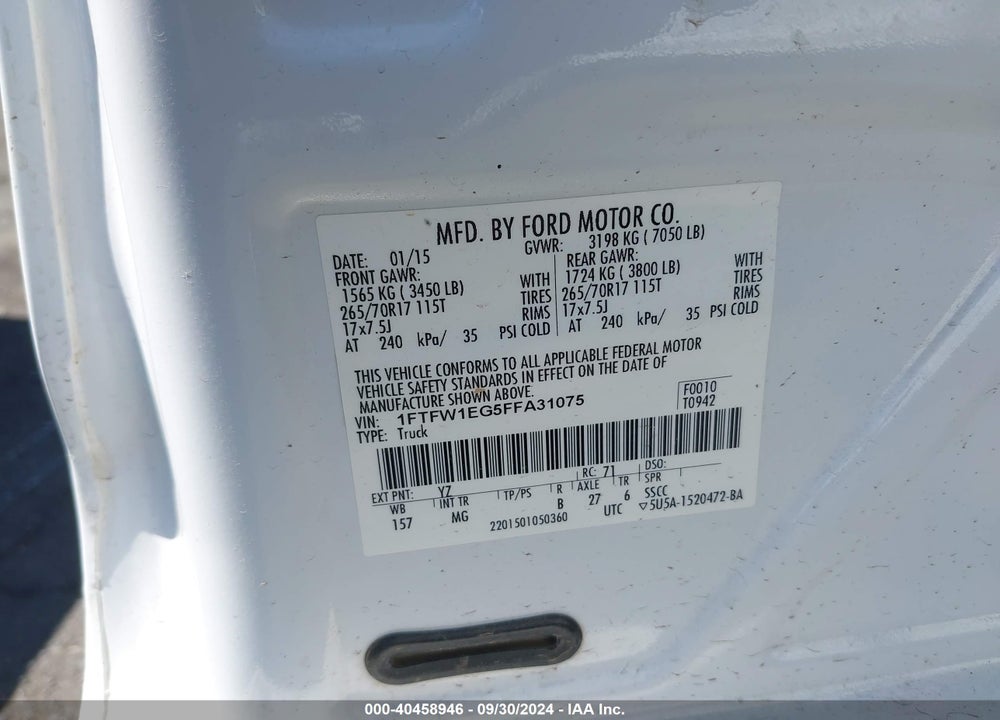 2015 FORD F-150 XLT VIN: 1FTFW1EG5FFA31075