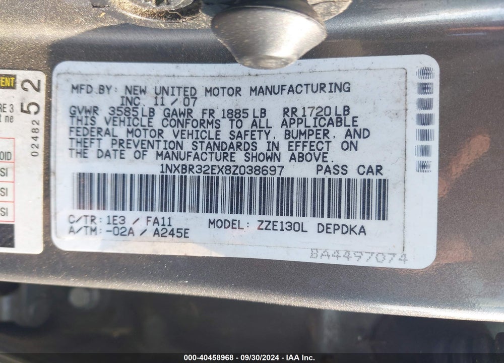 2008 TOYOTA COROLLA CE VIN: 1NXBR32EX8Z038697