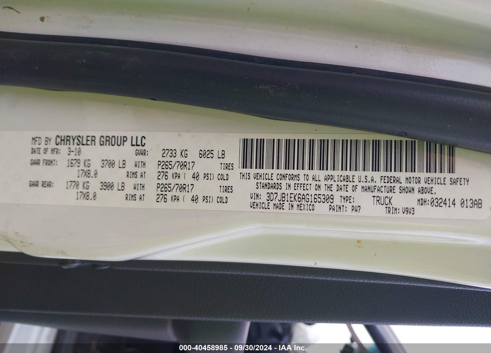 2010 DODGE RAM 1500 ST VIN: 3D7JB1EK6AG165309