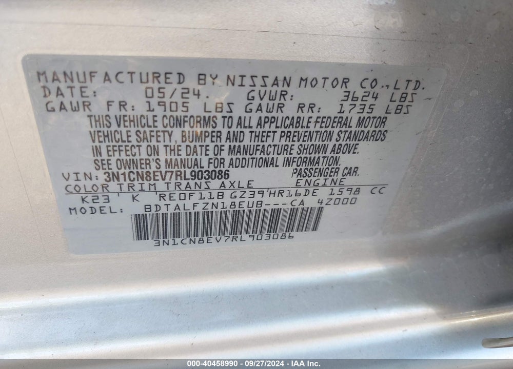 2024 NISSAN VERSA 1.6 SV VIN: 3N1CN8EV7RL903086