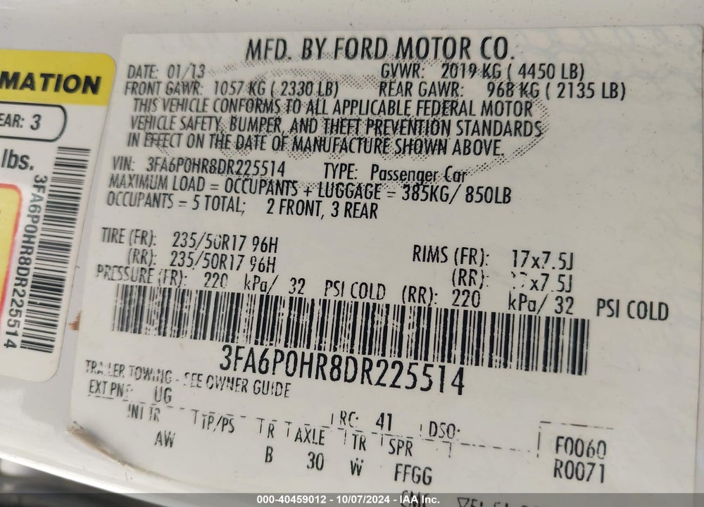 2013 FORD FUSION VIN: 3FA6P0HR8DR225514