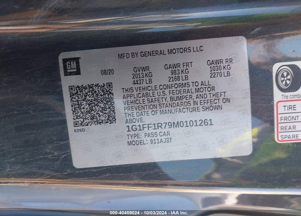2021 CHEVROLET CAMARO VIN: 1G1FF1R79M0101261