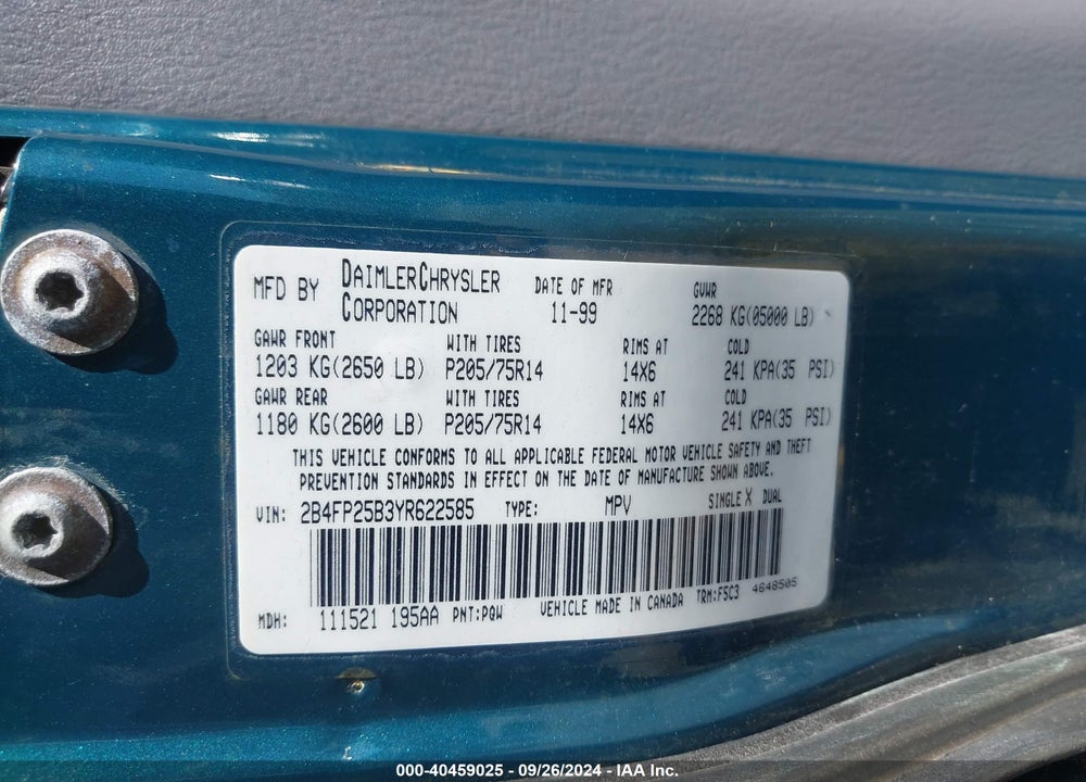 2000 DODGE CARAVAN VIN: 2B4FP25B3YR622585