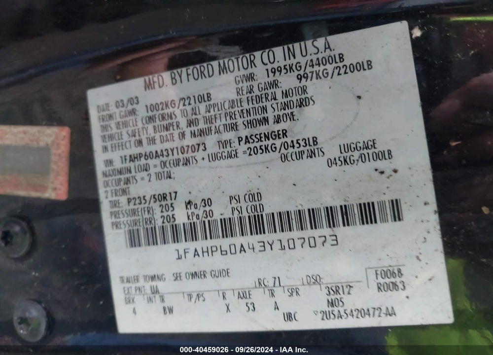 2003 FORD THUNDERBIRD VIN: 1FAHP60A43Y107073