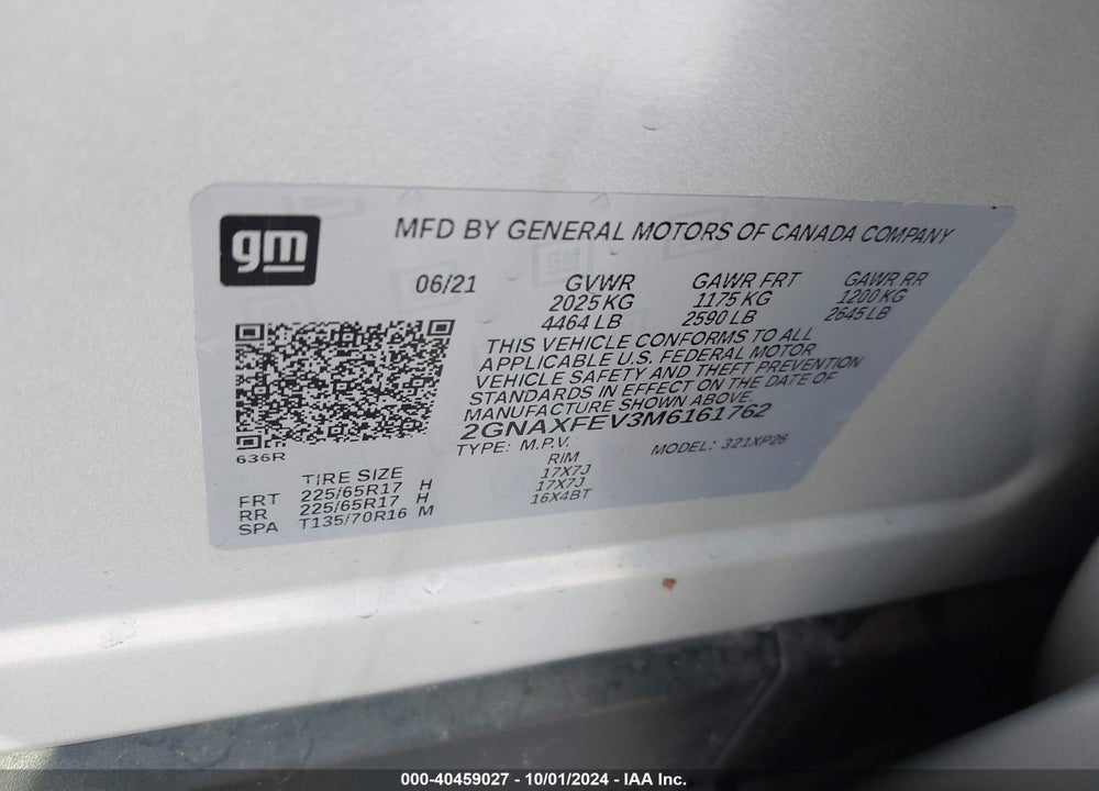2021 CHEVROLET EQUINOX FWD 1FL VIN: 2GNAXFEV3M6161762