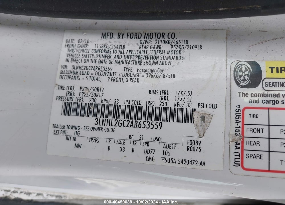 2010 LINCOLN MKZ VIN: 3LNHL2GC2AR653559
