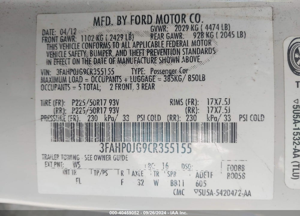 2012 FORD FUSION SEL VIN: 3FAHP0JG9CR355155
