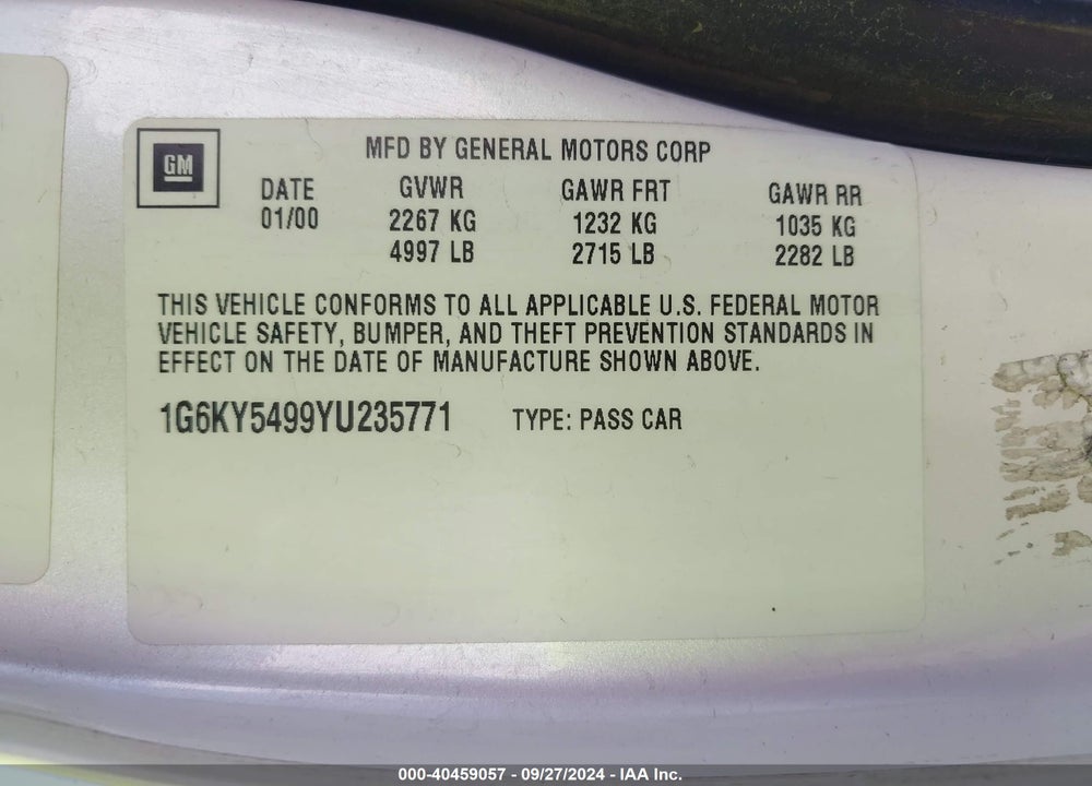 2000 CADILLAC SEVILLE STS VIN: 1G6KY5499YU235771