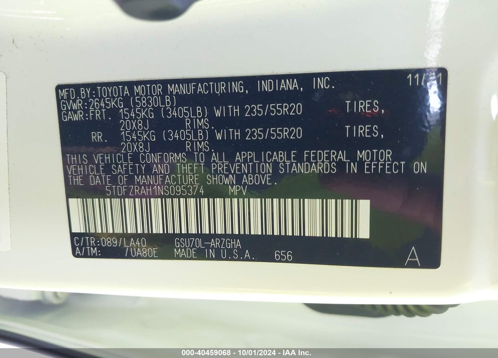 2022 TOYOTA HIGHLANDER PLATINUM VIN: 5TDFZRAH1NS095374