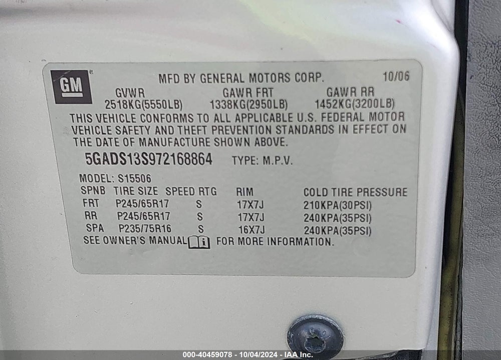 2007 BUICK RAINIER CXL VIN: 5GADS13S972168864