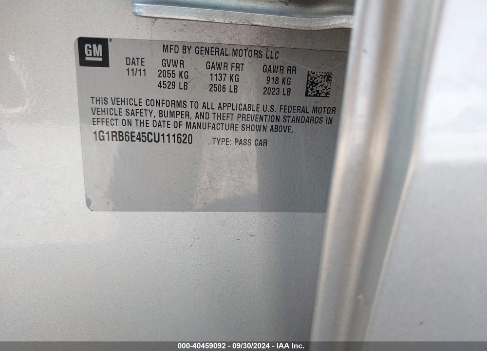 2012 CHEVROLET VOLT VIN: 1G1RB6E45CU111620