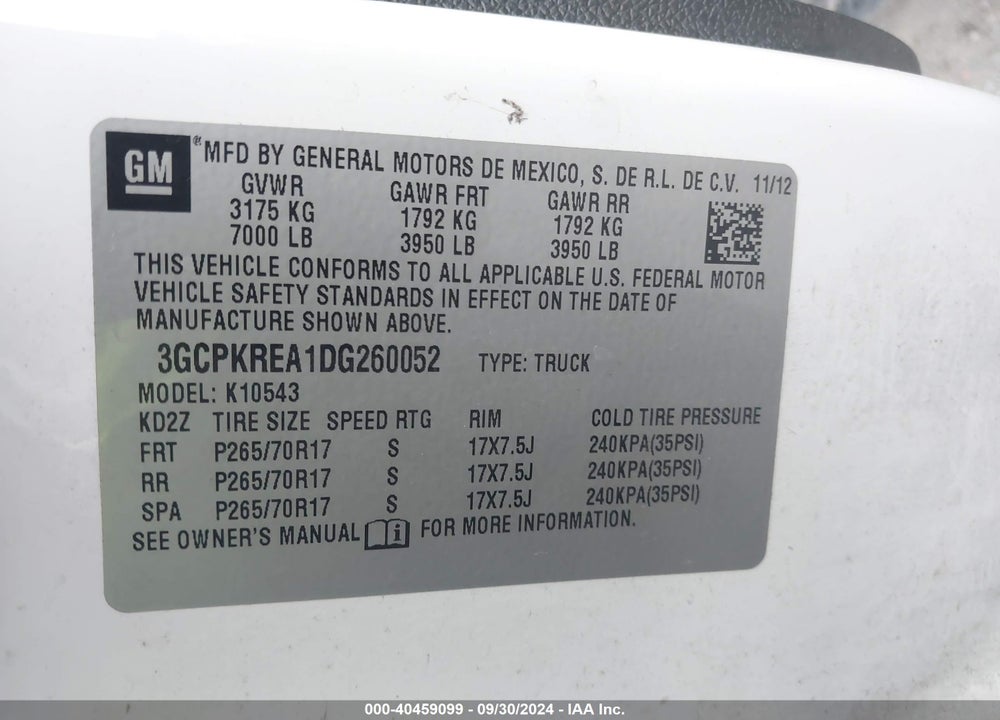 2013 CHEVROLET SILVERADO 1500 VIN: 3GCPKREA1DG260052