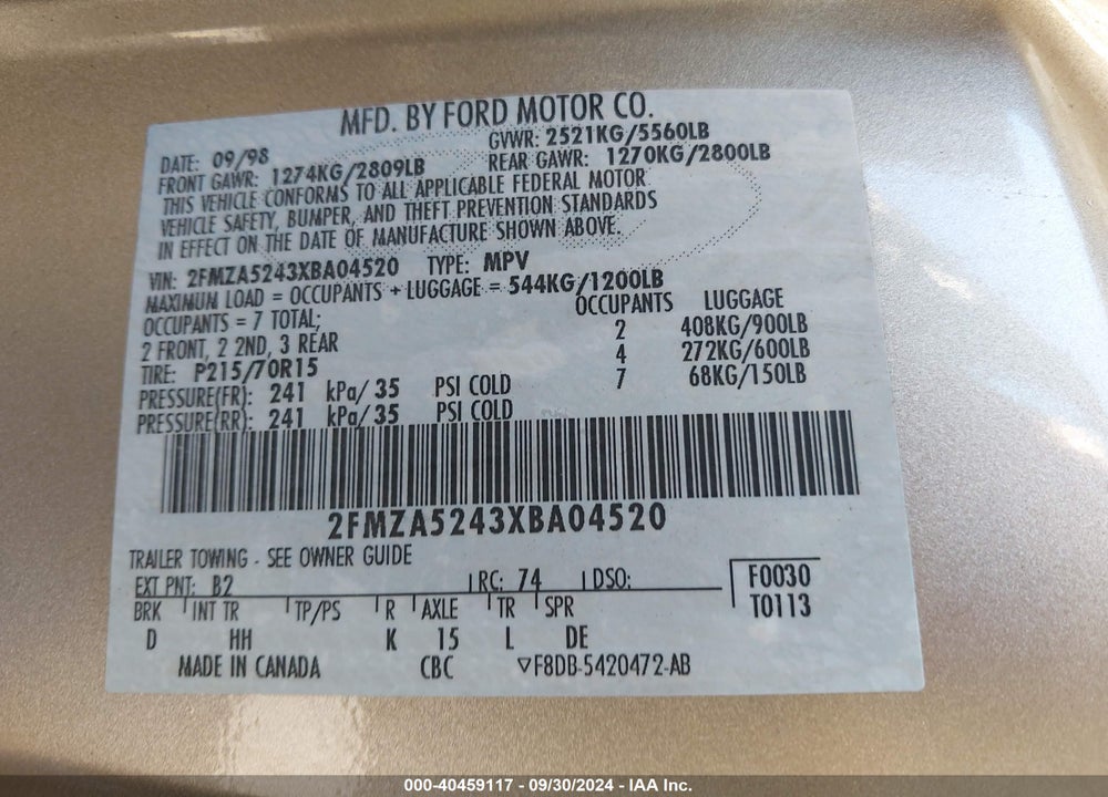1999 FORD WINDSTAR SE VIN: 2FMZA5243XBA04520