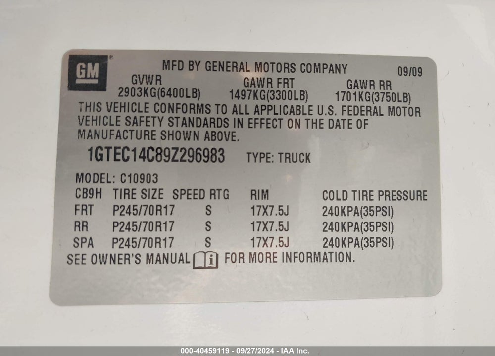 2009 GMC SIERRA 1500 WORK TRUCK VIN: 1GTEC14C89Z296983