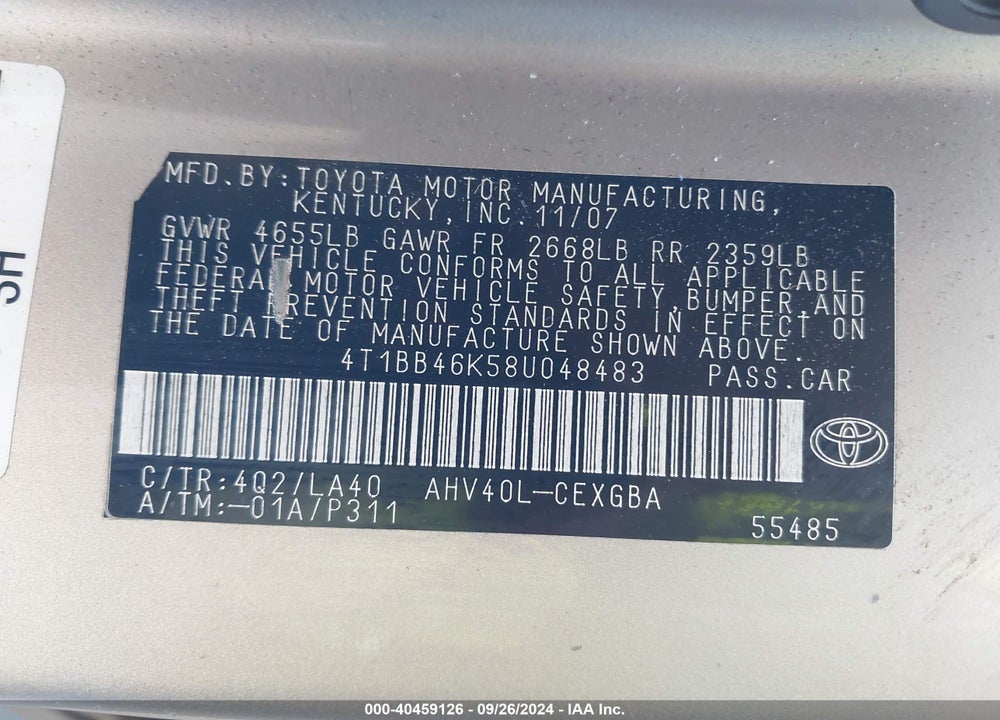 2008 TOYOTA CAMRY HYBRID VIN: 4T1BB46K58U048483