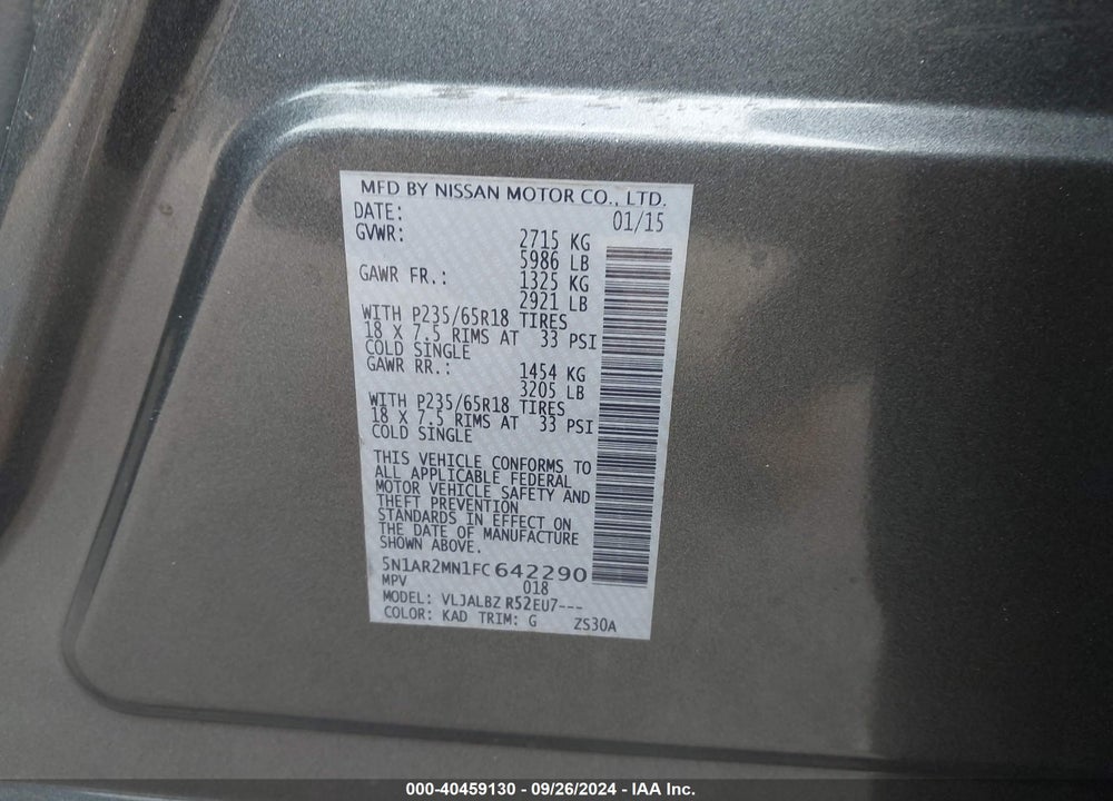 2015 NISSAN PATHFINDER S VIN: 5N1AR2MN1FC642290