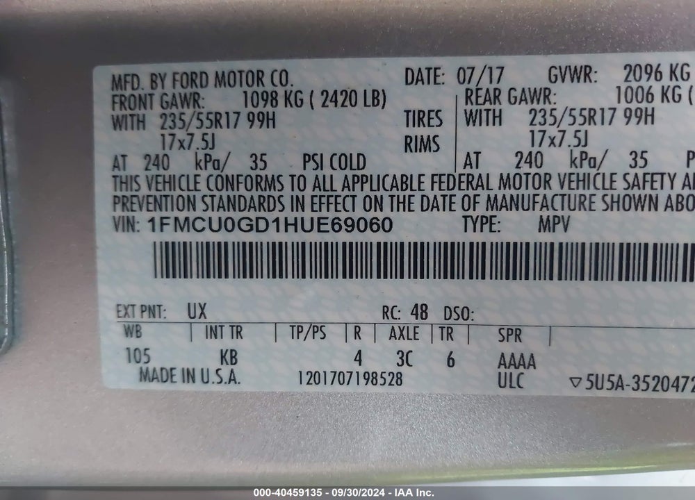 2017 FORD ESCAPE SE VIN: 1FMCU0GD1HUE69060