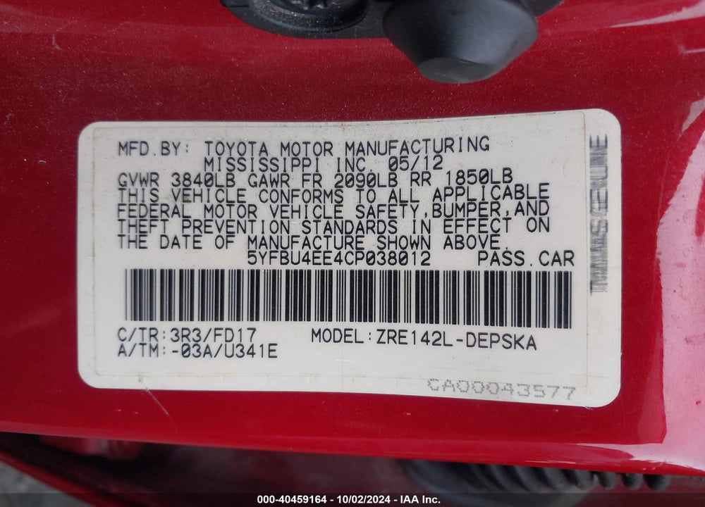 2012 TOYOTA COROLLA S VIN: 5YFBU4EE4CP038012