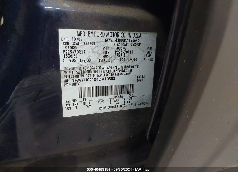 2004 FORD ESCAPE XLS VIN: 1FMYU02104DA10888