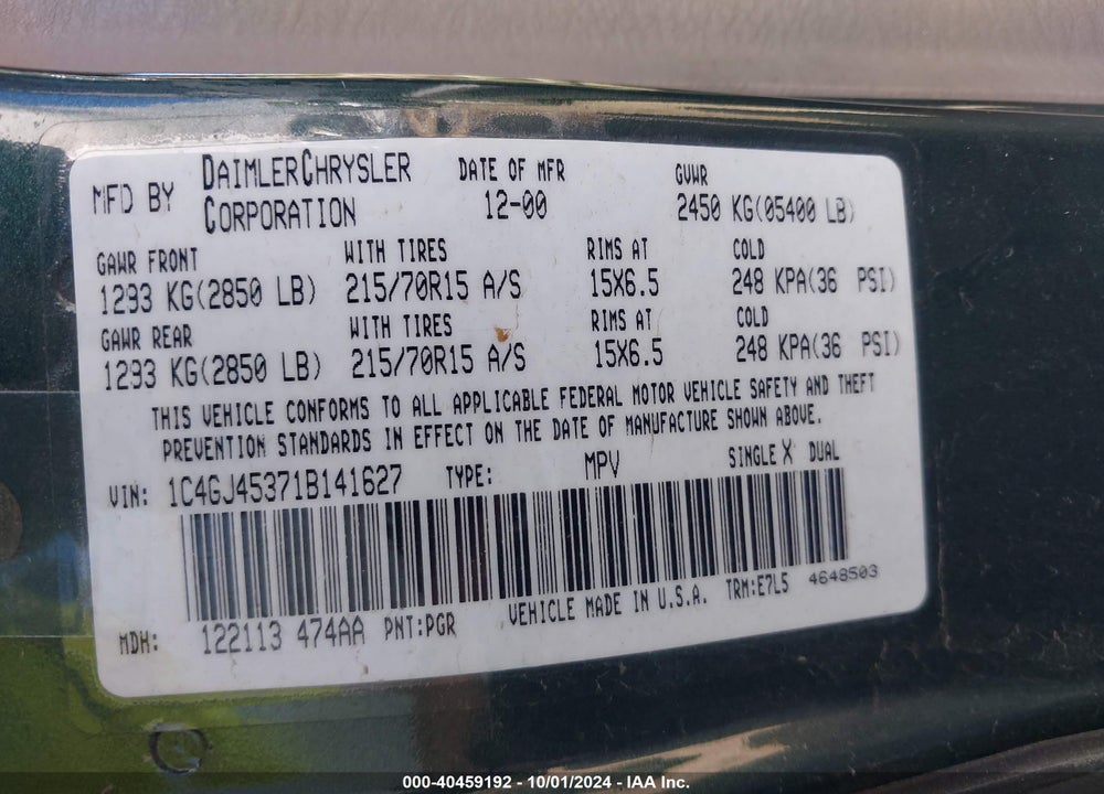 2001 CHRYSLER VOYAGER LX VIN: 1C4GJ45371B141627