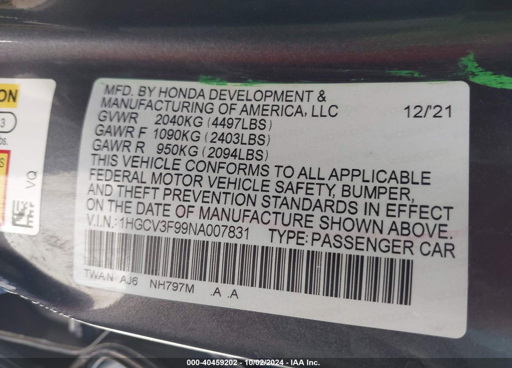 2022 HONDA ACCORD HYBRID TOURING VIN: 1HGCV3F99NA007831