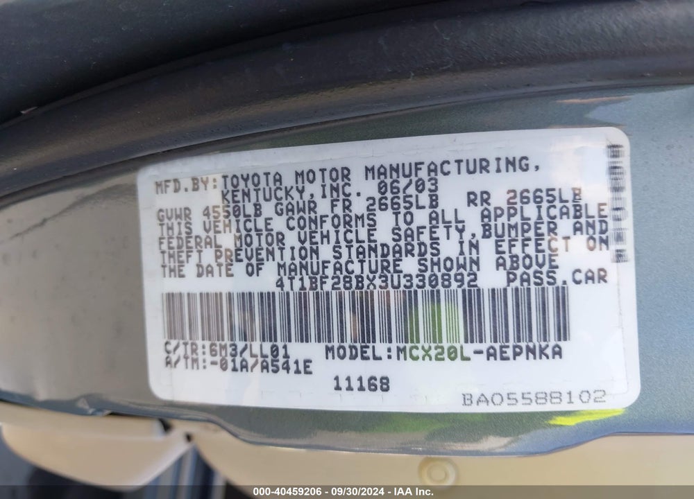 2003 TOYOTA AVALON XL VIN: 4T1BF28BX3U330892