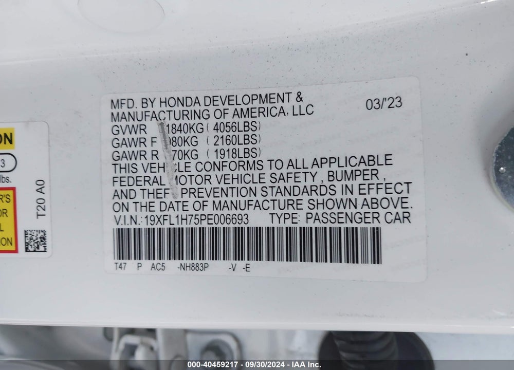 2023 HONDA CIVIC EX-L /EX-L W/O BSI VIN: 19XFL1H75PE006693