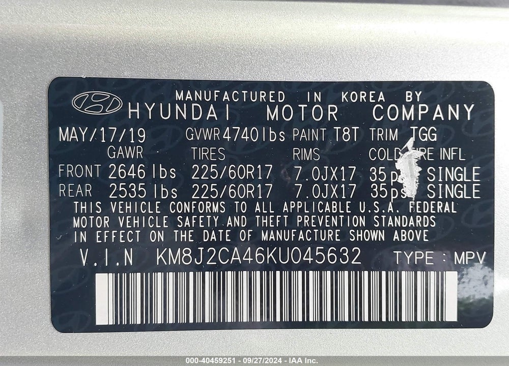 2019 HYUNDAI TUCSON SE VIN: KM8J2CA46KU045632