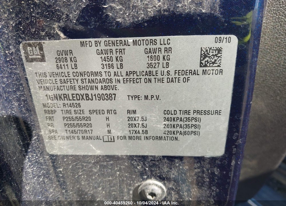 2011 CHEVROLET TRAVERSE LTZ VIN: 1GNKRLEDXBJ190387