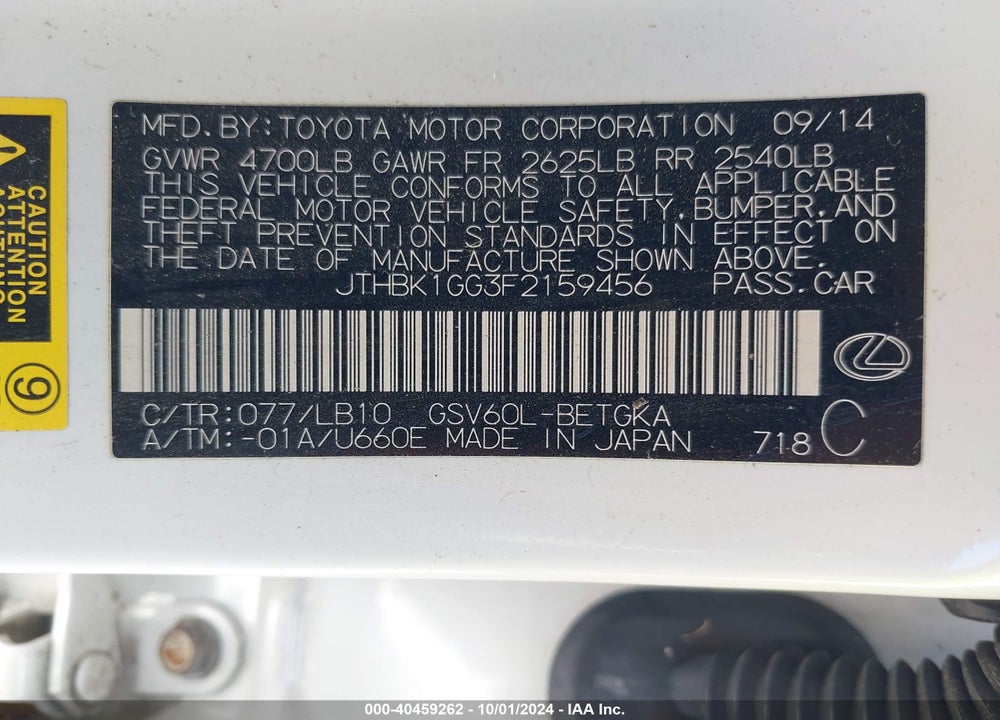 2015 LEXUS ES 350 VIN: JTHBK1GG3F2159456