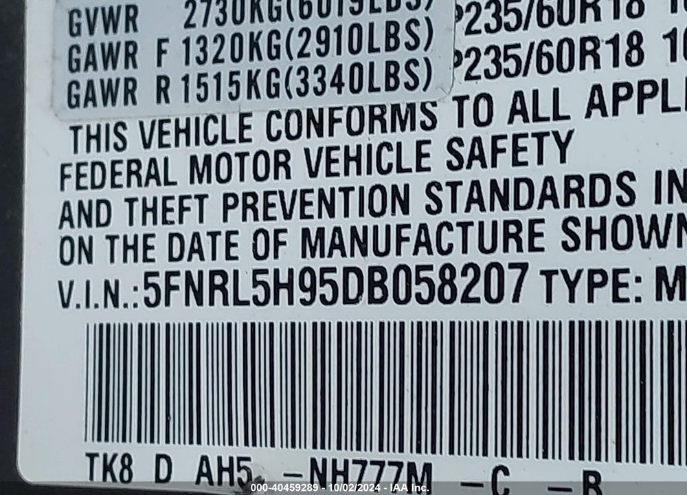 2013 HONDA ODYSSEY TOURING/TOURING ELITE VIN: 5FNRL5H95DB058207