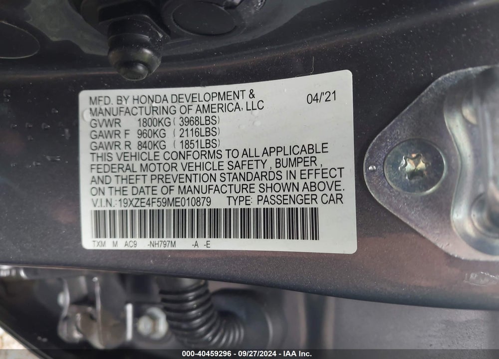 2021 HONDA INSIGHT EX VIN: 19XZE4F59ME010879