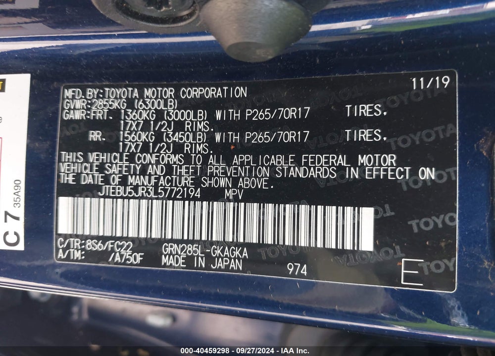 2020 TOYOTA 4RUNNER TRD OFF ROAD VIN: JTEBU5JR3L5772194