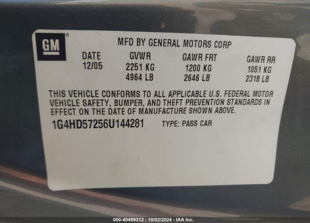 2006 BUICK LUCERNE CXL VIN: 1G4HD57256U144281