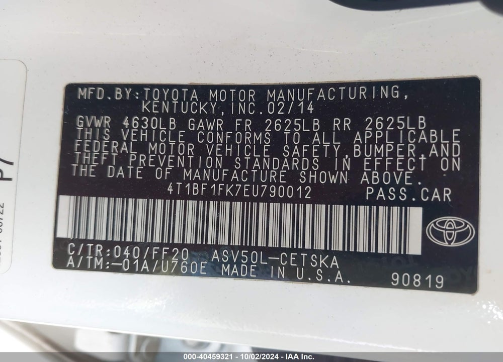 2014 TOYOTA CAMRY SE VIN: 4T1BF1FK7EU790012