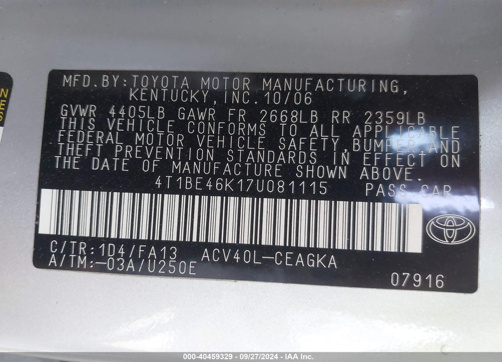 2007 TOYOTA CAMRY XLE VIN: 4T1BE46K17U081115