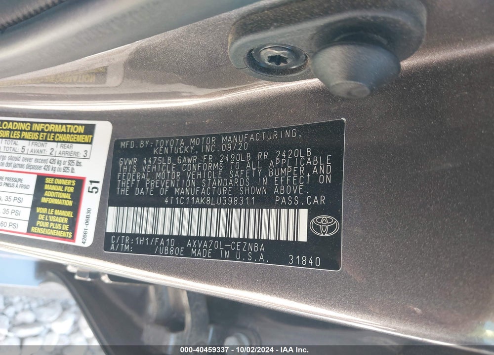 2020 TOYOTA CAMRY LE VIN: 4T1C11AK8LU398311